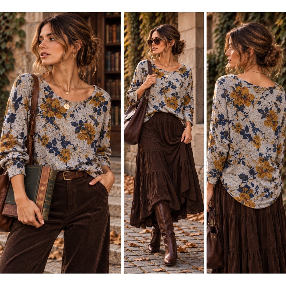 MIX 41Hawthorn Floral Top S Botanical Dark Academia Mustard Navy Bookish Soft